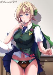 Rule 34 | 1girl, black panties, blonde hair, blouse, blue necktie, blue skirt, braid, braided bangs, braided bun, breasts, cloak, clothes lift, commentary request, commission, dress shirt, gloves, green cloak, green panties, green vest, hachiware (8ware63), hair bun, highres, kantai collection, large breasts, lifting another&#039;s clothes, long sleeves, male hand, miniskirt, multicolored clothes, multicolored panties, navel, necktie, panties, perth (kancolle), pixiv commission, plaid, plaid skirt, pleated skirt, purple eyes, school uniform, shirt, short sleeves, skirt, skirt lift, solo focus, standing, underwear, vest, white gloves, white shirt