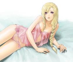 Rule 34 | 1girl, asa321, bed, blonde hair, braid, breasts, camisole, female focus, fire emblem, fire emblem: the blazing blade, large breasts, lingerie, louise (fire emblem), lying, nintendo, nipples, on side, open mouth, panties, pink panties, purple eyes, see-through, side braid, solo, underwear