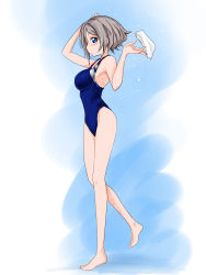 Rule 34 | 1girl, absurdres, barefoot, blue background, blue eyes, blue one-piece swimsuit, competition swimsuit, full body, grey hair, highres, kurogane yamato, looking at viewer, love live!, love live! sunshine!!, one-piece swimsuit, profile, short hair, solo, unworn swim cap, swimsuit, watanabe you