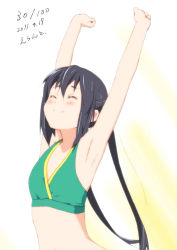 Rule 34 | 1girl, 2011, armpits, arms up, black hair, brown eyes, dated, errant, closed eyes, flat chest, k-on!, long hair, nakano azusa, smile, solo, stretching, swimsuit, twintails, upper body