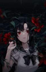 Rule 34 | 1girl, absurdres, black bow, black bowtie, black hair, black sailor collar, bow, bowtie, breasts, collarbone, commentary, english commentary, flower, hand up, hibiscus, highres, long hair, looking at viewer, medium breasts, original, parted lips, rain, red eyes, red flower, sailor collar, school uniform, serafuku, shirt, short sleeves, solo, ttosom, upper body, wet, wet hair, white shirt
