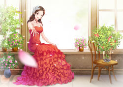 Rule 34 | 1girl, :d, absurdres, blush, breasts, brown eyes, brown hair, cleavage, collarbone, day, dress, flower, hair ornament, highres, layered dress, lens flare, long dress, long hair, looking at viewer, ltt challenger, medium breasts, open mouth, original, outstretched arm, petals, pink flower, red dress, sitting, sleeveless, sleeveless dress, smile, solo, striped clothes, striped dress, window