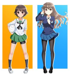 Rule 34 | 2girls, alternate hairstyle, arm behind back, ball, black footwear, black legwear, black neckwear, blouse, blue background, blue skirt, blue sweater, blush, braid, brown eyes, brown hair, closed mouth, commentary, dress shirt, emblem, girls und panzer, green skirt, hair ornament, hair over shoulder, hairclip, hand in own hair, hand on own chest, highres, holding, holding ball, isobe noriko, loafers, long hair, long sleeves, looking at viewer, miniskirt, multiple girls, neckerchief, necktie, ooarai school uniform, outside border, pantyhose, pleated skirt, rukuriri (girls und panzer), school uniform, serafuku, shirt, shoes, short hair, shorts, shorts under skirt, silhouette, single braid, skirt, sleeves rolled up, smile, sneakers, socks, st. gloriana&#039;s (emblem), st. gloriana&#039;s school uniform, standing, sweater, tanutika, v-neck, volleyball, volleyball (object), white footwear, white shirt, wind, wing collar, yellow background