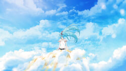 Rule 34 | 1girl, absurdres, arms behind back, black shorts, blue hair, blue sky, cloud, cloudy sky, commentary, day, facing to the side, floating hair, from behind, furi0831, hair ribbon, hatsune miku, highres, long hair, on cloud, outdoors, pink ribbon, ribbon, scenery, sekiranun graffiti (vocaloid), shirt, short sleeves, shorts, sidelocks, sitting, sky, solo, twintails, vocaloid, white shirt, wide shot