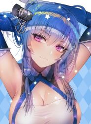 Rule 34 | 1girl, ahoge, armpits, arms behind head, azur lane, bad id, bad twitter id, bare shoulders, blue background, blue gloves, blue hair, blush, breasts, checkered background, cleavage, closed mouth, collarbone, commentary, dress, elbow gloves, gloves, hair between eyes, hair ornament, hair ribbon, hanato (seonoaiko), hand in own hair, head tilt, large breasts, light smile, long hair, looking at viewer, no bra, purple eyes, ribbon, sideboob, sidelocks, smile, solo, sparkle, st. louis (azur lane), star (symbol), symbol-only commentary, tress ribbon, upper body, white gloves