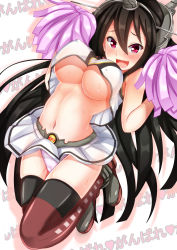 Rule 34 | 10s, 1girl, adapted costume, black hair, blush, breasts, brown thighhighs, cameltoe, cheerleader, covered erect nipples, crop top, ebi 193, headphones, jumping, kantai collection, large breasts, long hair, looking at viewer, microskirt, nagato (kancolle), navel, open mouth, panties, pantyshot, pink panties, pom pom (cheerleading), pussy juice, red eyes, skirt, solo, sweat, thighhighs, underboob, underwear, upskirt, very long hair