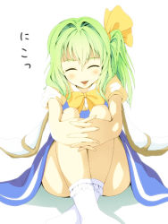 Rule 34 | 1girl, blush, bow, daiyousei, fairy wings, female focus, green hair, open mouth, puffy sleeves, sanagi (diohazard), short sleeves, side ponytail, sitting, solo, thighs, touhou, wings