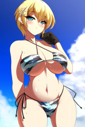 Rule 34 | 1girl, arm behind back, bikini, black gloves, blonde hair, blue eyes, blush, breasts, cleavage, commentary request, criss-cross halter, girls&#039; frontline, gloves, halterneck, highres, large breasts, looking at viewer, mole, mole under eye, navel, sayossa (pak-front), short hair, side-tie bikini bottom, solo, swimsuit, thighs, vsk-94 (girls&#039; frontline), wet