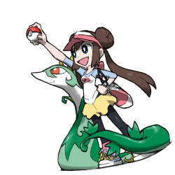 Rule 34 | 1girl, :d, arm up, bag, black pantyhose, blacknirrow, blue eyes, bright pupils, brown hair, commentary, creatures (company), double bun, english commentary, full body, game freak, gen 5 pokemon, hair bun, hand on own hip, handbag, holding, holding poke ball, long hair, nintendo, open mouth, pantyhose, pantyhose under shorts, poke ball, poke ball (basic), pokemon, pokemon (creature), pokemon bw2, raglan sleeves, rosa (pokemon), serperior, shirt, shoelaces, shoes, shorts, simple background, sleeves past elbows, smile, standing, twintails, visor cap, white background, white pupils, xtransceiver, yellow shorts