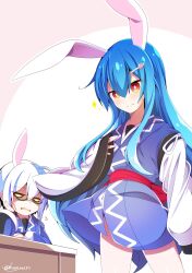 Rule 34 | 1boy, 1girl, ahoge, animal ears, blue hair, blush, chinese zodiac, commentary request, cosplay, glasses, hair ornament, hairpin, hamiyun, hand on own face, highres, hinanawi tenshi, long hair, morichika rinnosuke, morichika rinnosuke (cosplay), rabbit ears, red eyes, short hair, sigh, sitting, smile, sparkle, touhou, white background, white hair, year of the rabbit, yellow eyes