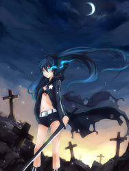Rule 34 | 10s, 1girl, bad id, bad pixiv id, belt, bikini, bikini top only, black rock shooter, black rock shooter (character), blue hair, bra, front-tie top, glowing, glowing eyes, highres, jacket, lingerie, navel, scar, shorts, solo, swimsuit, sword, torn clothes, underwear, weapon, zhuxiao517