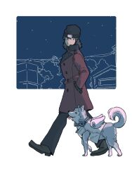 Rule 34 | 1boy, animal, aragaki shinjirou, beanie, black hair, black hat, black pants, closed mouth, coat, commentary request, dog, from side, full body, grey fur, hands in pockets, hat, highres, koromaru (persona), kunsei oishii, looking at another, looking down, looking to the side, male focus, medium hair, night, night sky, pants, persona, persona 3, red coat, sky, smile, star (sky), starry sky, tongue, tongue out, trench coat, walking, white wings, wings