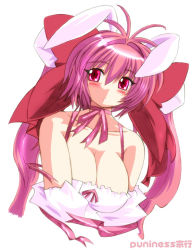 Rule 34 | 1girl, :o, animal ears, bare shoulders, blush, bow, breasts, choker, cleavage, di gi charat, dice, gomamiso (gomamiso sp), hair bow, large breasts, long hair, pink eyes, pink hair, rabbit ears, ribbon, ribbon choker, simple background, solo, twintails, upper body, usada hikaru, white background