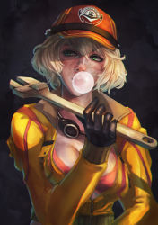 Rule 34 | 10s, 1girl, absurdres, blonde hair, bra, breasts, blowing bubbles, chewing gum, cidney aurum, cleavage, dirty, dirty face, final fantasy, final fantasy xv, gloves, goggles, goggles around neck, green eyes, hat, highres, jacket, looking at viewer, mechanic, monori rogue, solo, underwear, upper body, wrench