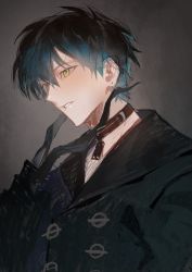 Rule 34 | 1boy, 9s (nier:automata) (cosplay), black hair, black jacket, blue hair, blush, brown choker, chinese commentary, choker, cosplay, gradient hair, hair behind ear, highres, holding blindfold, ike eveland, jacket, kukuish, looking ahead, male focus, multicolored hair, nier:automata, nier (series), nijisanji, nijisanji en, parted lips, smile, solo, virtual youtuber, 9s (nier:automata)