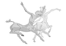 Rule 34 | 2boys, arm up, arms up, centaur, facing away, facing to the side, full body, greyscale, highres, hooves, horse tail, huahua zhu, male focus, monochrome, monster boy, multiple boys, original, running, short hair, simple background, solo, tail, taur, white background
