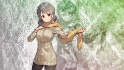 Rule 34 | 1girl, black pantyhose, blunt bangs, character request, copyright request, female focus, grey hair, hair bun, highres, mascots, pantyhose, parsley-f, red eyes, scarf, short hair, single hair bun, smile, solo, sweater, twintails, watermark, web address, xi lily (character request)