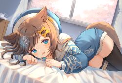 Rule 34 | 1girl, :d, animal ears, bed, black thighhighs, blue eyes, blue hoodie, bone hair ornament, brown hair, commission, cup, dog ears, dog girl, dog tail, hair ornament, hat, highres, hood, hood down, hoodie, indoors, long hoodie, long sleeves, looking at viewer, lying, marekamico, medium hair, on bed, on side, open mouth, skeb commission, smile, tail, teacup, teapot, thighhighs, vrchat, window