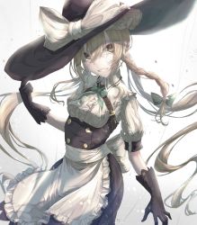 Rule 34 | 1girl, absurdres, alternate hairstyle, apron, black gloves, black skirt, blonde hair, bow, braid, cowboy shot, frills, gloves, green bow, green ribbon, grin, hair between eyes, hair bow, hat, highres, kirisame marisa, long hair, looking at viewer, parted lips, puffy short sleeves, puffy sleeves, ribbon, shirt, short sleeves, skirt, smile, solo, touhou, tqg 07, very long hair, vest, waist apron, white apron, witch hat, yellow eyes