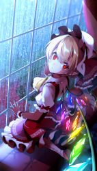 Rule 34 | 1girl, absurdres, ascot, blonde hair, breasts, collared shirt, commentary request, crystal, dress, fingernails, flandre scarlet, frills, hair between eyes, hand up, hat, hat ribbon, highres, indoors, jewelry, kamenozoki momomo, light, long fingernails, looking at viewer, looking up, medium breasts, mob cap, multicolored wings, nail polish, night, one side up, open mouth, pointy ears, puffy short sleeves, puffy sleeves, red dress, red eyes, red footwear, red nails, red ribbon, ribbon, seiza, shadow, shirt, shoes, short hair, short sleeves, sitting, socks, solo, touhou, white hat, white shirt, white socks, window, wings, wrist cuffs, yellow ascot