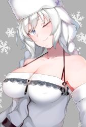 Rule 34 | 1girl, avrora (azur lane), azur lane, bare shoulders, blue eyes, blush, braid, breasts, chiru (218mg), cleavage, dated, dress, grey background, hat, highres, large breasts, long hair, looking at viewer, one eye closed, silver hair, simple background, smile, solo, twin braids, upper body