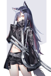 Rule 34 | 1girl, animal ear fluff, animal ears, arknights, bag, belt, black coat, black hair, black shorts, brown hair, coat, cosplay, covering own mouth, cowboy shot, fingerless gloves, gloves, grey gloves, hair ornament, hairclip, hand up, high collar, highres, katana, lappland (arknights), lappland (arknights) (cosplay), long hair, long sleeves, looking at viewer, multicolored hair, navel, open clothes, open coat, orange eyes, quan (kurisu tina), short shorts, shorts, shoulder bag, solo, standing, stomach, sword, tail, texas (arknights), thighs, two-tone background, two-tone hair, very long hair, weapon, wolf ears, wolf girl, wolf tail