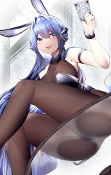 Rule 34 | 1girl, :d, absurdres, azur lane, black legwear, blue hair, bodystocking, breasts, card, cleavage, cup, drinking glass, glass, highres, large breasts, leotard, long hair, new jersey (azur lane), new jersey (exhilarating steps!) (azur lane), official alternate costume, open mouth, playboy bunny, samip, see-through, see-through cleavage, sitting, smile, table