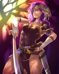 Rule 34 | 1girl, absurdres, artist name, belt, breasts, cleavage, covered navel, eyepatch, fingerless gloves, fire emblem, fire emblem: new mystery of the emblem, gloves, h3llomiko, headband, highres, long hair, malice (fire emblem), nintendo, open mouth, purple hair, red eyes, solo, sword, teeth, upper body, weapon