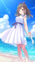 Rule 34 | 1girl, bare arms, bare legs, beach, blue ribbon, blue sky, blush, breasts, brown eyes, brown hair, cloud, cloudy sky, collared dress, commentary request, day, dress, feet out of frame, unworn footwear, hair ribbon, high heels, holding, horizon, idolmaster, idolmaster shiny colors, large breasts, light rays, long hair, looking at viewer, ocean, outdoors, ribbon, sand, sandals, unworn sandals, short sleeves, sky, smile, solo, sunbeam, sunlight, tamakaga, thighs, tsukioka kogane, water, white dress, white footwear