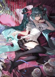 Rule 34 | 1girl, absurdres, aqua eyes, aqua hair, aqua nails, asymmetrical hair, black skirt, black thighhighs, blouse, cake, character doll, chibi, chocolate cake, cookie, cup, food, frilled shirt, frills, fur rug, hair ribbon, hatsune miku, highres, long hair, looking at viewer, lying, macaron, miniskirt, on bed, on side, pastry, pillow, plate, ribbon, shirt, short sleeves, skirt, solo, supreme (module), teacup, thighhighs, throne, tian (my dear), tiered tray, twintails, very long hair, vocaloid, world is mine (vocaloid), zettai ryouiki