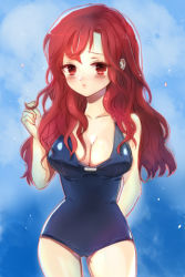 Rule 34 | 1girl, arm behind back, arm up, artist request, blush, breasts, cleavage, collarbone, unworn eyewear, glasses, large breasts, long hair, lowres, one-piece swimsuit, red eyes, red hair, solo, swimsuit, sword girls, vernika answer, wavy hair