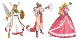 Rule 34 | 3girls, armor, blonde hair, blue eyes, blush, braid, breasts, brown hair, cleavage, crossover, crown, doll joints, dress, elbow gloves, fatal fury, full body, gloves, great magami, green armor, hand fan, helmet, japanese clothes, joints, large breasts, loincloth, long hair, looking at viewer, mario (series), multiple girls, namco, ninja, nintendo, open mouth, paper fan, pelvic curtain, ponytail, princess peach, revealing clothes, ribbon, shield, shiranui mai, simple background, single braid, smile, snk, sword, the king of fighters, valkyrie (vnd), valkyrie no densetsu, very long hair, weapon, white background, winged helmet
