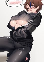 Rule 34 | 1girl, beige background, black gloves, black jacket, black pants, blue eyes, blue hair, blush, breasts, brown hair, commission, girls&#039; frontline, gloves, gradient background, highres, jacket, large breasts, long sleeves, looking at viewer, multicolored hair, official alternate costume, open mouth, pants, short hair, skeb commission, solo, speech bubble, spoken blush, streaked hair, tec-9 (girls&#039; frontline), tec-9 (wiretap mystery) (girls&#039; frontline), two-tone hair, underboob, unzipped, warashi