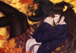 Rule 34 | 1girl, animal, autumn, autumn leaves, bad id, bad pixiv id, black cat, black pantyhose, blazer, blurry, brown hair, cat, closed eyes, commentary request, depth of field, eyelashes, falling leaves, feet out of frame, fetal position, from above, ginkgo leaf, highres, interlocked fingers, jacket, leaf, leaf on head, long hair, long sleeves, lying, maple leaf, miniskirt, mole, mole under eye, on ground, on side, original, own hands together, pantyhose, plaid, plaid skirt, red skirt, saitou (lynx-shrike), school uniform, skirt, sleeping, sleeves past wrists, sweater