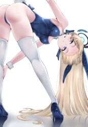 Rule 34 | 1girl, animal ears, ass, blonde hair, blue archive, blue eyes, blue footwear, blue hair, blue leotard, blush, breasts, commentary request, earpiece, fake animal ears, halo, high heels, highres, lds (dstwins97), leotard, long hair, looking at viewer, medium breasts, multicolored hair, official alternate costume, parted lips, rabbit ears, revision, simple background, solo, strapless, strapless leotard, streaked hair, thighhighs, toki (blue archive), toki (bunny) (blue archive), white background, white thighhighs