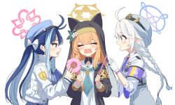 3girls ahoge animal_ear_headwear blue_archive blue_eyes blue_hair blue_halo blush bow braid closed_eyes commentary_request doughnut dual_wielding fake_animal_ears food fubuki_(blue_archive) furrowed_brow gloves habit hair_between_eyes hair_bow halo hands_up hat holding holding_doughnut holding_food holding_stick kirino_(blue_archive) korean_commentary light_blue_hair long_hair long_sleeves looking_at_another low_twintails mari_(blue_archive) multicolored_hair multiple_girls nun open_mouth orange_hair pink_halo police police_hat police_uniform profile puffy_long_sleeves puffy_sleeves purple_armband red_eyes sailor_collar school_uniform seero serafuku simple_background stick streaked_hair sweatdrop tears twin_braids twintails very_long_hair wavy_mouth white_background white_bow white_gloves white_hair white_sailor_collar yellow_halo