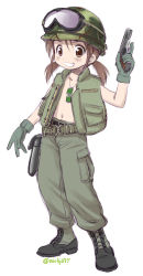 Rule 34 | 1girl, :d, belt, blush, boots, brown eyes, brown hair, camouflage, dog tags, ebifly, fang, flak jacket, flat chest, goggles, green footwear, green pants, grin, gun, handgun, helmet, holding, holding gun, holding weapon, jacket, low twintails, military, no bra, open clothes, open jacket, open mouth, original, pants, pistol, sleeveless, sleeveless jacket, smile, solo, standing, trigger discipline, twintails, twitter username, weapon