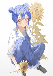 Rule 34 | 1girl, absurdres, alternate costume, alternate hairstyle, amamiya kokoro, antenna hair, black footwear, blue hair, blue overalls, blush, commentary request, crossed legs, double bun, flower, full body, gradient hair, hair between eyes, hair bun, hair up, highres, holding, holding flower, loafers, long sleeves, looking to the side, multicolored hair, nijisanji, overalls, pants, pants rolled up, shirt, shoes, sidelocks, simple background, sitting, sleeves rolled up, solo, sunflower, sutei (arece15), virtual youtuber, white background, white shirt, yellow eyes
