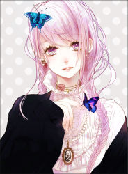 Rule 34 | 1girl, braid, bug, butterfly, earrings, flower, frills, gem, insect, jewelry, looking at viewer, nail, original, pearl (gemstone), pendant, pink eyes, pink hair, rose, shikishima (eiri), smile, solo, twin braids