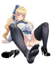 Rule 34 | 1girl, absurdres, alternate costume, arms behind back, ass, black footwear, black thighhighs, blonde hair, blue bow, blunt bangs, bow, breasts, closed mouth, commission, corset, dot nose, feet, frills, full body, hair bow, high heels, highleg, highleg leotard, highres, large breasts, leotard, long hair, long sleeves, looking at viewer, mary janes, original, pointy ears, red eyes, scvready, seamed legwear, shoes, simple background, slit pupils, smile, solo, spread legs, thighhighs, thighs, toes, v-shaped eyebrows, white background, white leotard, white sleeves