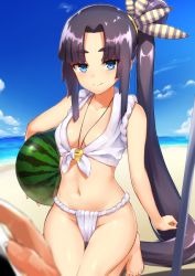 Rule 34 | 1girl, barefoot, beach, bikini, blurry, blush, breasts, closed mouth, collarbone, day, depth of field, fate/grand order, fate (series), food, front-tie bikini top, front-tie top, fruit, fundoshi, holding, holding food, holding fruit, japanese clothes, jitome, long hair, looking at viewer, navel, out of frame, outdoors, parted bangs, pinta (ayashii bochi), side ponytail, small breasts, smile, solo, solo focus, swimsuit, thighs, ushiwakamaru (chaldea lifesavers) (fate), ushiwakamaru (fate), very long hair, watermelon, whistle, white bikini