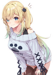 Rule 34 | 1girl, aizawa ema, blonde hair, blue eyes, blue hair, blush, brown thighhighs, closed mouth, eyes visible through hair, gradient hair, grey sweater, hair ornament, hands on own thighs, highres, long hair, looking at viewer, multicolored hair, notice lines, off shoulder, side ponytail, sidelocks, simple background, solo, sweater, thighhighs, very long hair, virtual youtuber, vspo!, white background, yukijirushi e