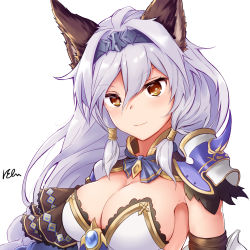 Rule 34 | 1girl, animal ears, armor, armpits, blue neckwear, breasts, brown eyes, cleavage, closed mouth, commentary request, erune, granblue fantasy, hair between eyes, hair intakes, hair tubes, hairband, heles, lace trim, large breasts, long hair, looking at viewer, pauldrons, ponta (velmar), sanpaku, shoulder armor, signature, simple background, smile, solo, strapless, upper body, white background, white hair
