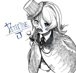 Rule 34 | 1girl, blue eyes, blush, cloak, collared shirt, dated, facial hair, fake facial hair, fake mustache, greyscale, hair between eyes, hat, infini, javelin (kancolle), kantai collection, looking at viewer, monochrome, monocle, mouth hold, mustache, necktie, shirt, simple background, smoking pipe, solo, spot color, tilted headwear, top hat, twitter username