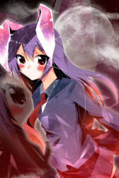Rule 34 | 1girl, animal ears, black thighhighs, blazer, blue jacket, blush, collared shirt, commentary request, expressionless, eye trail, floating hair, floppy ears, hair between eyes, hakobako, jacket, light trail, long hair, looking at viewer, moon, necktie, night, night sky, purple hair, rabbit ears, red eyes, red necktie, reisen udongein inaba, shirt, skirt, sky, solo, star (sky), thighhighs, touhou, upper body, very long hair, white shirt