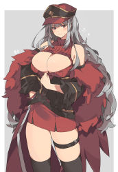 Rule 34 | 1girl, black thighhighs, blunt bangs, blush, breasts, character request, cleavage cutout, closed mouth, clothing cutout, detached sleeves, dungeon and fighter, earrings, frown, fur, gogoco, grey hair, hat, highres, jewelry, large breasts, leg belt, long hair, looking at viewer, meme attire, open-chest sweater, peaked cap, red eyes, red hat, red skirt, ribbed sweater, skindentation, skirt, standing, sweatdrop, sweater, thighhighs, turtleneck, turtleneck sweater