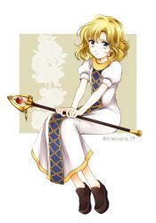 Rule 34 | 1girl, blue eyes, brown footwear, closed mouth, curly hair, dress, fire emblem, fire emblem: new mystery of the emblem, full body, highres, holding, holding staff, looking at viewer, nintendo, puffy short sleeves, puffy sleeves, shirokuroma 29, shoes, short hair, short sleeves, solo, staff, twitter username, white dress, yuliya (fire emblem)