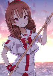 Rule 34 | 1girl, aria (manga), artist name, azusa mclaren, blush, bow, bowtie, breasts, brown hair, cloud, cloudy sky, commentary request, cowboy shot, dress, earrings, eyelashes, fingerless gloves, gloves, gradient sky, highres, himeya company uniform, holding, holding oar, impossible clothes, impossible dress, jewelry, long hair, looking at viewer, mole, mole under eye, oar, ocean, outdoors, pink eyes, red bow, red bowtie, red gloves, red headwear, sailor collar, short sleeves, signature, single glove, sky, small breasts, solo, sunset, teeth, telaform, twintails, two-tone headwear, white dress, white headwear