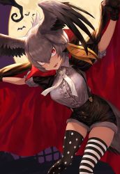 Rule 34 | 10s, 1girl, :d, alternate eye color, asymmetrical legwear, bat (animal), bird tail, black gloves, black shorts, blonde hair, cape, center frills, commentary, fangs, fingerless gloves, frills, full moon, gloves, grey hair, guchico, hair between eyes, halloween, halloween costume, head wings, kemono friends, long hair, looking at viewer, low ponytail, mismatched legwear, moon, multicolored hair, open mouth, outstretched arms, puffy short sleeves, puffy sleeves, red eyes, shirt, shoebill (kemono friends), short sleeves, shorts, side ponytail, smile, solo, spread arms, spread wings, striped clothes, striped legwear, striped thighhighs, suspender shorts, suspenders, tail, thighhighs, v-shaped eyebrows, vampire costume, white shirt, wings