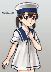 Rule 34 | 1girl, black hair, blue collar, collar, cowboy shot, dress, gradient background, grey background, hand on own chest, hat, kantai collection, maakun (makun dx), one-hour drawing challenge, purple eyes, sailor dress, sailor hat, short hair, short sleeves, shounan (kancolle), solo, standing, twintails, twitter username, white dress, white hat, white legwear